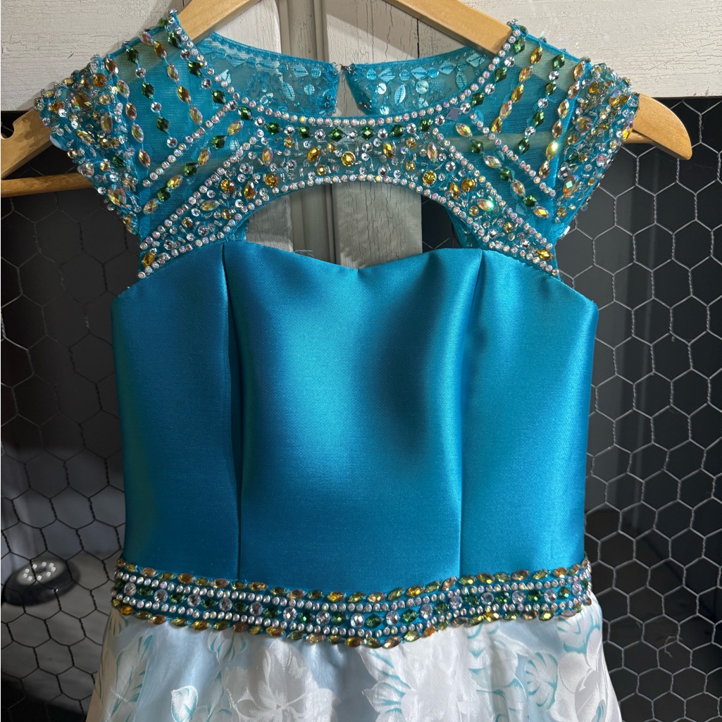 Elegant Blue Floral Pageant Dress With Beaded Details And Cap Sleeves